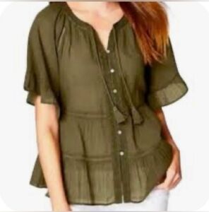 J JILL 100% PEASANT BOHO EMBROIDERED TASSEL OLIVE TOP SIZE L